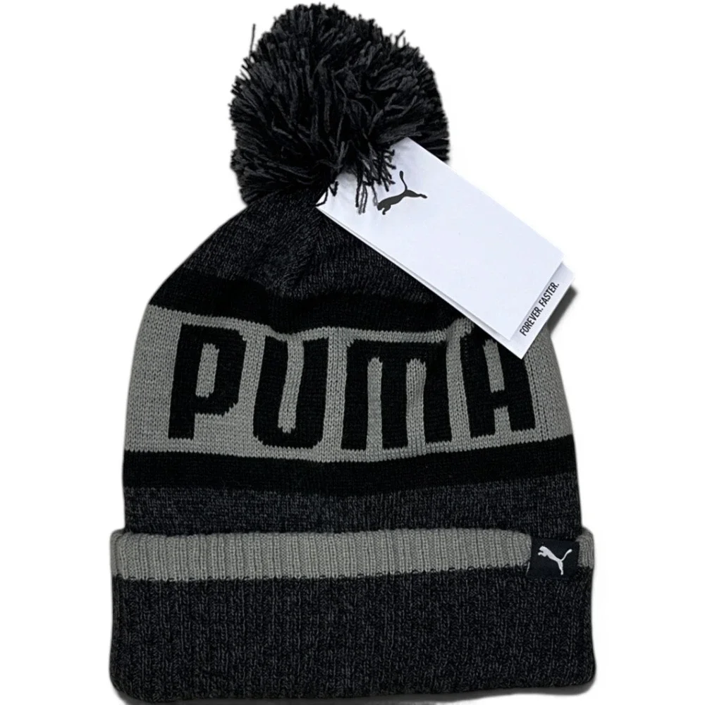 Puma Mens Grey Black Knit Pom Pom Beanie Hat Logo Cuff Winter Cap New